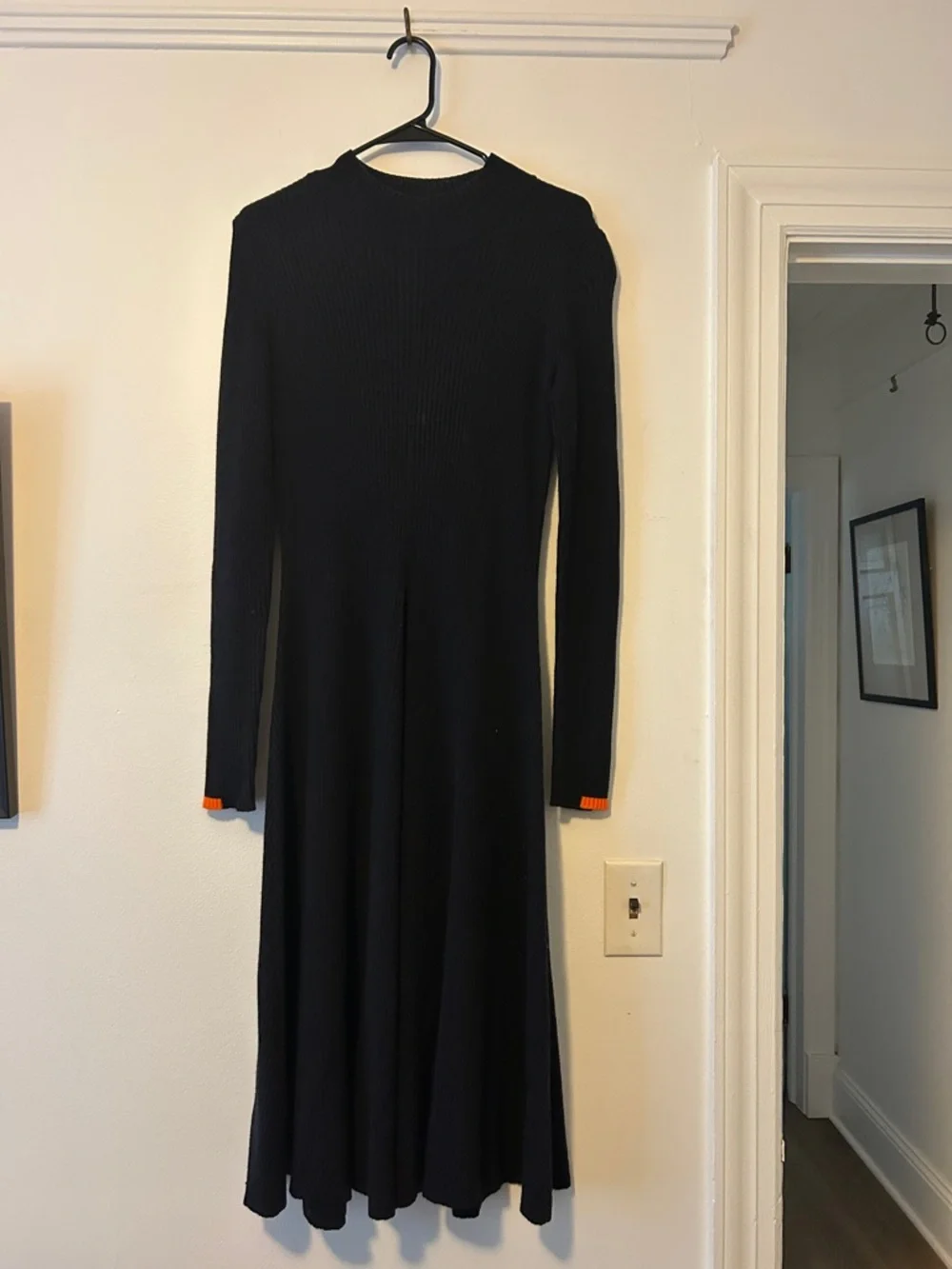 Tory Burch Mock Neck LS Knit Maxi Dress with Orange Cuff Detail, Size Large